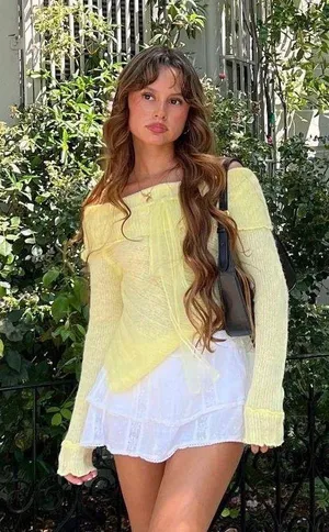 Urban Outfitters Kimchi Blue Yellow Fiona Off the Shoulder Sweater with Bow thumbnail 1