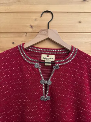 Vintage Woolrich Large Red Fair Isle Nordic Metal 1/4 Clasp Henley Sweater thumbnail 5