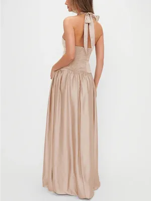 Show Me Your MuMu SMYM Eliza Champagne Luxe Satin Drop Waist Halter Neck Dress thumbnail 5