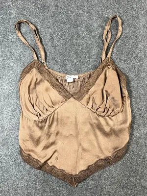 Subdued Brown Satin Lace Trim Handkerchief Hem Camisole Smocked Back Top‎ Small thumbnail 1