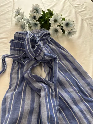 Pull-On Wide Leg Minimalist ResortWear Striped Blue White 100% Cotton Pants Sz S thumbnail 7