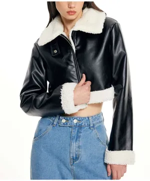 Cider Vegan Leather Shearling Collared Cropped Jacket S thumbnail 1
