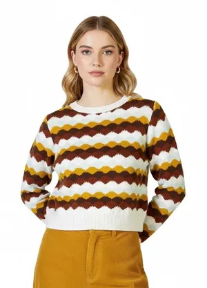 Molly Green Chevron Zigzag Cropped Sweater Multi Retro Knit Top Size S thumbnail 1