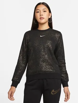 Nike Sweatshirt Womens 2X Black Stardust‎ Gold Metallic Fleece Crewneck Sporty thumbnail 1