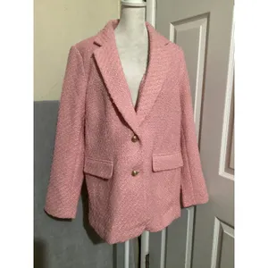 H&M Pink Textured Tweed Blazer Jacket Gold Buttons Oversized Women Medium thumbnail 2