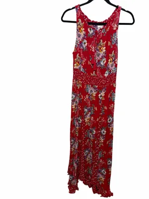 Bila Red Floral Boho Maxi Dress Hankerchief Hem Cottagecore Festival Flowy L thumbnail 4