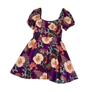 Band of the Free Aimee Purple Floral Puff Sleeve Mini Dress Women’s Size Medium thumbnail 1