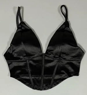 Black Satin Silk Padded Corset Tank Crop Top Shirt Blouse Size S 🖤 thumbnail 1