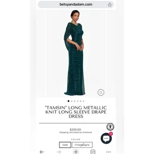 NEW Betsy & Adam Metallic Jade Green Drape Sleeve Sheath Gown Size 14 thumbnail 5