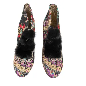 Baci Daisy Floral Tapestry Booties Faux Fur Pom Pom Kitten Heel Black Multi 9M thumbnail 3