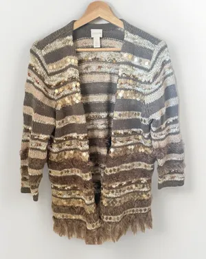 Chico's Cardigan Womens M Greta Sweater Neutral Patterned Sequin Metal Boho thumbnail 1