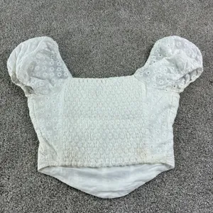White Eyelet Embroidered Puff Sleeve Crop‎ Top Juniors M Cottagecore Coquette thumbnail 9