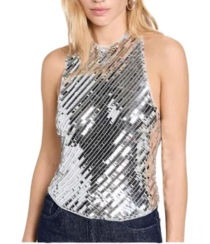 NWT Intimately Free People Disco Fever Sequin Cami Tank in Silver Combo LARGE thumbnail 2