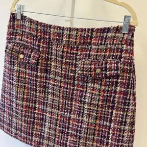 Loft Multi Color Tweed Plaid Mini Skirt Gold Button Front Size 10 Purple Red thumbnail 3