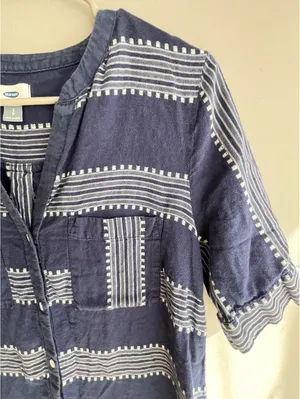 Old Navy Blue & White Geometric Stripe Button-Front Mini Shirt Dress PS thumbnail 8