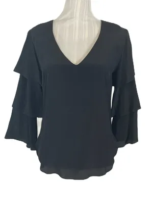 Amanda Uprichard Black Silk V Neck Pullove Tiered Ruffle Sleeve Top Size Medium thumbnail 1