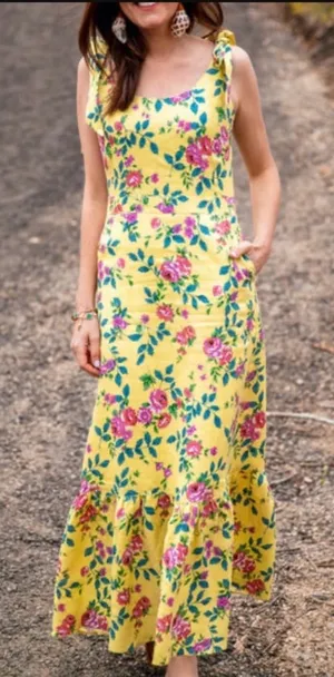 Kiel James Patrick Flower Garden Sleeveless Midi Dress Linen Blend Yellow 0 thumbnail 1