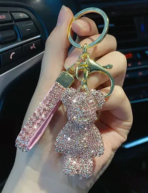 Pink Rhinestone Teddy Bear Keychain Wristlet thumbnail 1
