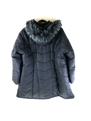 Catherines Womens Puffer Coat Hooded Faux Fur Trim Pockets Zip Navy Blue Size 0X thumbnail 2