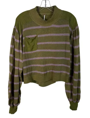 Free People Between the Lines Linen Blend Green Pink Balloon Sleeve Sweater Top thumbnail 1