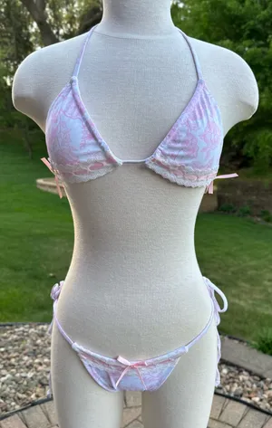 Colorful Natalie White with pink Bow Bikini  thumbnail 1