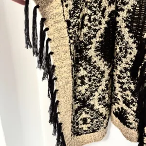 Cato Womens Beige Black Gold Metallic Open Front Cardigan Geometric Tassel Drape thumbnail 3