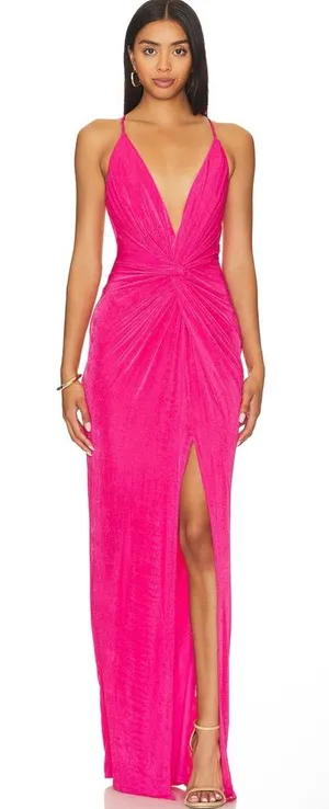 Revolve Katie‎ May Pixie Plunge Neck Twist Front Gown In Pink Peacock small thumbnail 1