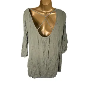 Aerie Peasant Mini Dress Boho Bell Sleeve Lace Trim Olive M thumbnail 2