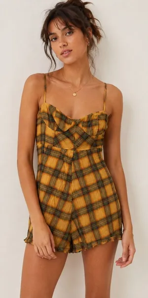 164‎ | Urban Outfitters Plaid Ruffle Smocked Back Romper Orange Yellow Women L thumbnail 1