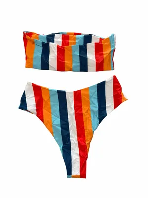 Women's Striped Two Piece Bandaeu Top Bikini Size Medium #260171 thumbnail 3