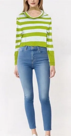 American Eagle Women’s Boxy Cowl-Neck Cozy Sweater Sz M Green Stripe Y2K thumbnail 1