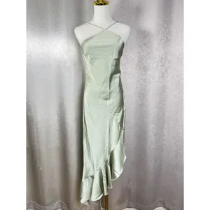 Hello Molly Sage Green Satin Halter Ruffle High Low Midi Dress Womens Size 10 thumbnail 6