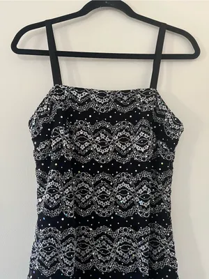 Vintage 90s R&M Richards Black Silver Lace Sequin Midi Cocktail Dress 10 Sparkly thumbnail 2