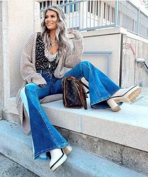 High Rise Wide Leg Multicolor Denim Flare Boutique Jeans thumbnail 1