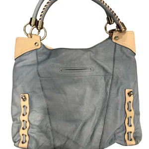 B. Makowsky Blue and Cream Shoulder leather laptop message Bag leopard lining thumbnail 10