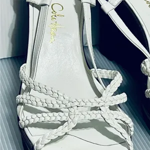 COLE HAAN SZ 8 White patent leather woven Wedge Sandals Slingback Cork Gold thumbnail 2