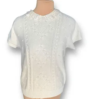 Vintage Cream Knit Sweater Peter Pan Collar‎ Cottagecore Lace Trim Romantic Boho thumbnail 1