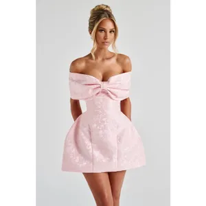 NWT Babyboo Raquel Blush Floral Jacquard Bow Off-The-Shoulder Mini Dress Size M thumbnail 6
