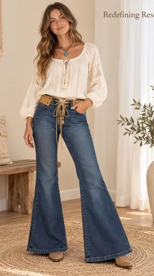 Angels So Sweet Y2K Flare Jeans Blue Denim Lace Up Faux Suede Belt Bell Bottoms thumbnail 1