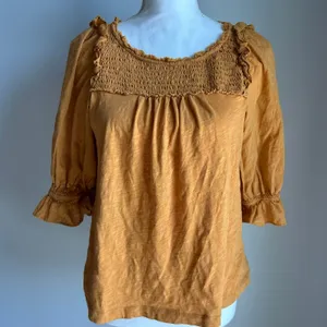 By Anthropologie Mustard Yellow Smocked Peplum Cottagecore Blouse Size Small thumbnail 3