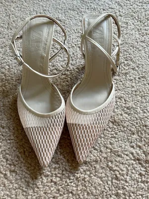 Zara Ivory Mesh Pointed Slingbacks Toe Ankle Strap Heels Size 37 thumbnail 2