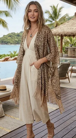 Women’s Leopard Print Fringe Kimono Gold Metallic Mesh Boho Cover-Up One Size thumbnail 1