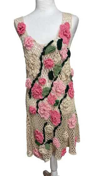 Crochet Floral Swim Cover Up Dress Beige Pink Stretch Boho Beach Festival OSFM‎ thumbnail 1