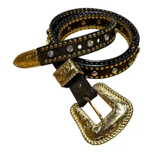 Nocona Studded Jeweled Rhinestone Genuine Leather Western Belt Brown Gold Large thumbnail 1