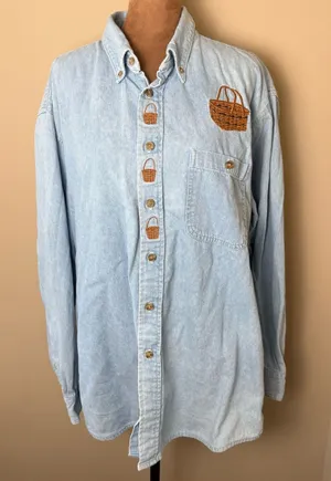 Vintage Embroidered Denim Button Down Shirt XL Baskets Cottagecore Teachercore thumbnail 1