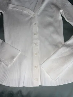 STAUD White Ribbed V-Neck Button-Up Cardigan thumbnail 3