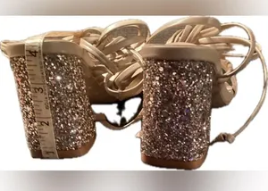 NIB Zelaproxy Women's Tan Strappy Lace up Glitter Chuncky Block Heels. Size:8 thumbnail 6