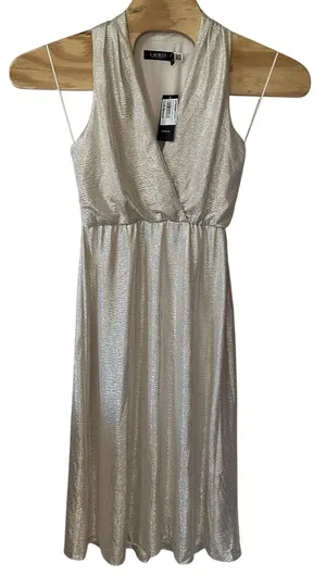 NEW Lauren Ralph Lauren Gold‎ Gown Cocktail Dress Party Metallic V-Neck Size 2 thumbnail 1