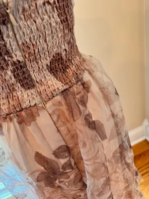 Storia Strapless Dress Brown Tan Floral Sheer Overlay Ruffle Hem S Wedding Tulle thumbnail 5