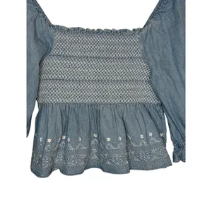 American Eagle Smocked Denim Peplum‎ Top Womens Small Blue Embroidered Babydoll thumbnail 4